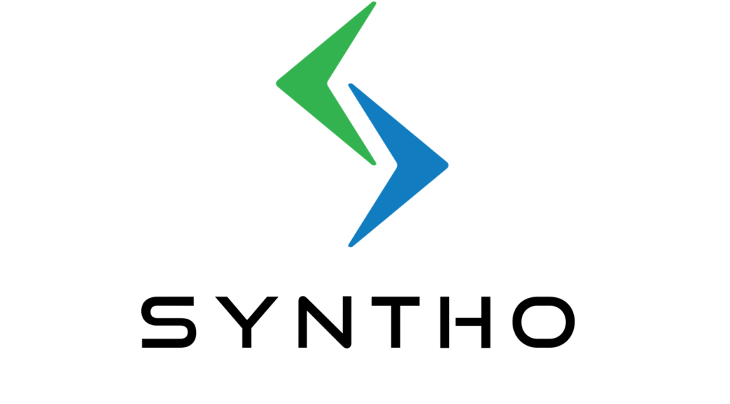 Syntho logo: two arrow shaped elements in a green and blue colours stylized a letter S